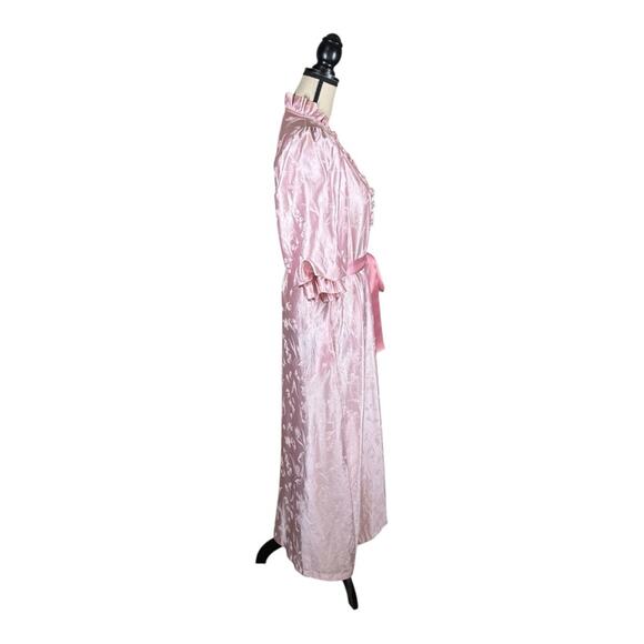 Vintage 70’s Miss Elaine Satin Floral Print Ruffle Trim Puff Sleeve Robe - Picture 2 of 9